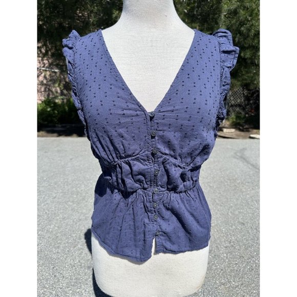 Old Navy Tops - Old Navy Blouse Small Blue Crochet Button Up Ruffle Peplum Sleeveless Womens